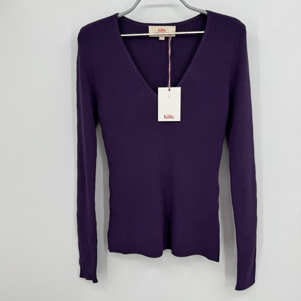 Kilte Collection The Marlee Rib Knit V-Neck Sweater size 2 M Plum Purple Rayon